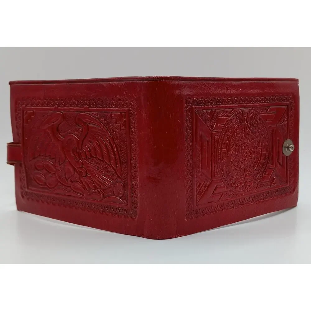 Vintage Red Hand Tooled Leather Wallet Aztec Calendar
